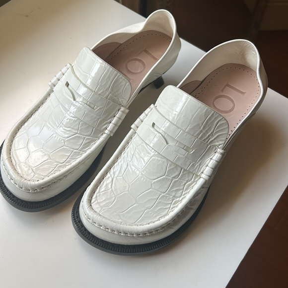 Loewe Shoes - Loewe White Embossed Loafers with Black Accent